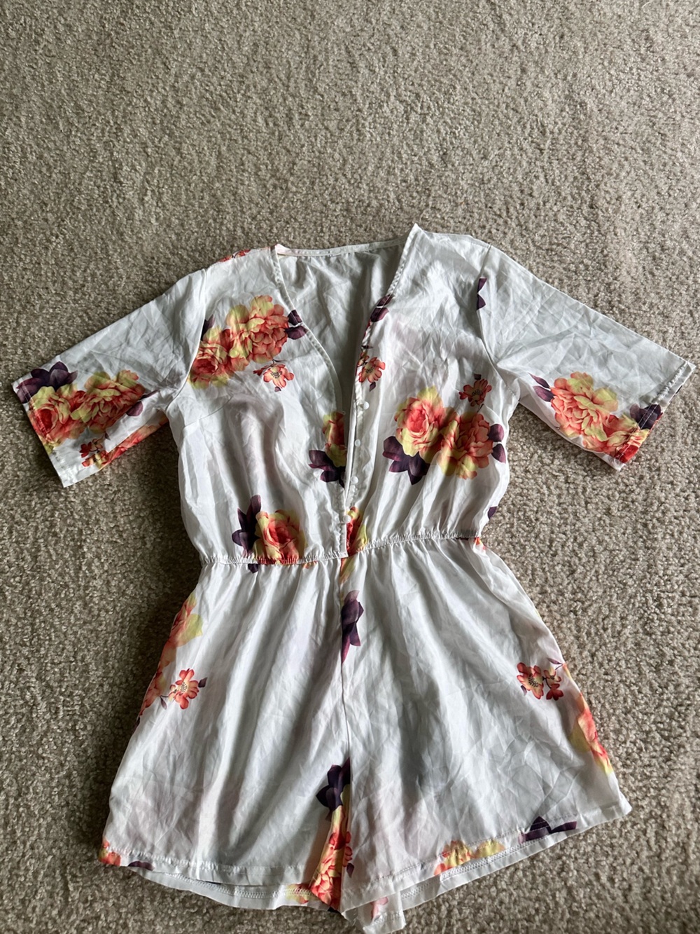 Women's White Floral Button-Front Top with Yellow & Pink Blossoms romper